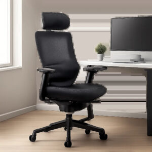Illustration d’une chaise de bureau ergonomique dans un espace de travail moderne et épuré. L’image évoque le confort, les réglages et le maintien adaptés à un usage intensif.
