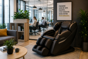 Fauteuil massant professionnel installé dans un espace bien-être moderne au sein de bureaux d'entreprise